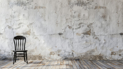 A lone vintage chair next to an old shabby wall in an empty minimalist room, bringing thoughts of loneliness and simplicity to mind