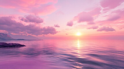 Fototapeta premium A dreamy pink sunset over a serene ocean with mountains silhouetted against the horizon