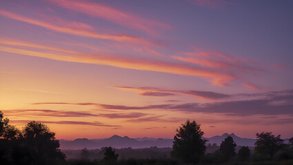 Fototapeta premium Purple sunset colors paint mountains trees and sky. Suitable for travel blogs, nature magazines, and inspirational social media posts