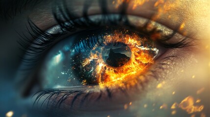 A captivating image of a human eye with a fiery, explosive cosmic effect. The eye is detailed, and vibrant colors emanate a sense of mystery and power.