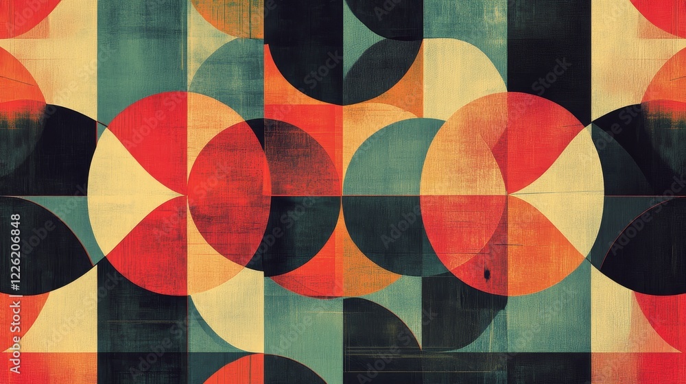 Poster bold and colorful geometric abstract design with circular motifs. shows energy and balance within mo
