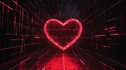 Glowing red neon heart, black holographic grid background, minimalist futuristic design, digital art style