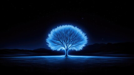 Glowing Blue Tree at Night, Serene Landscape, Peaceful Scene, Nature Wallpaper