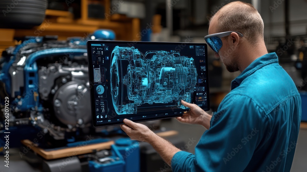 Poster technician examining engine schematic on digital display.