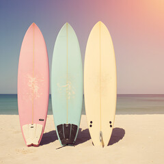 Three Pastel Surfboards on Sandy Beach Under a Soft Sunrise Sky