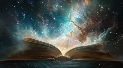 Open book glowing cosmic nebula fantasy art