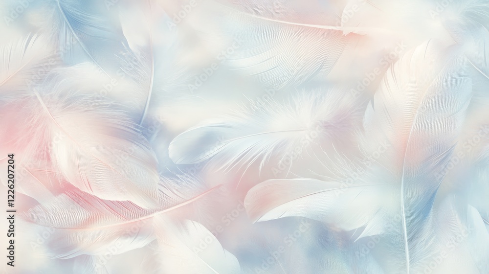 Poster a serene collection of light feathers in soft, pastel hues blending seamlessly, creating a delicate 