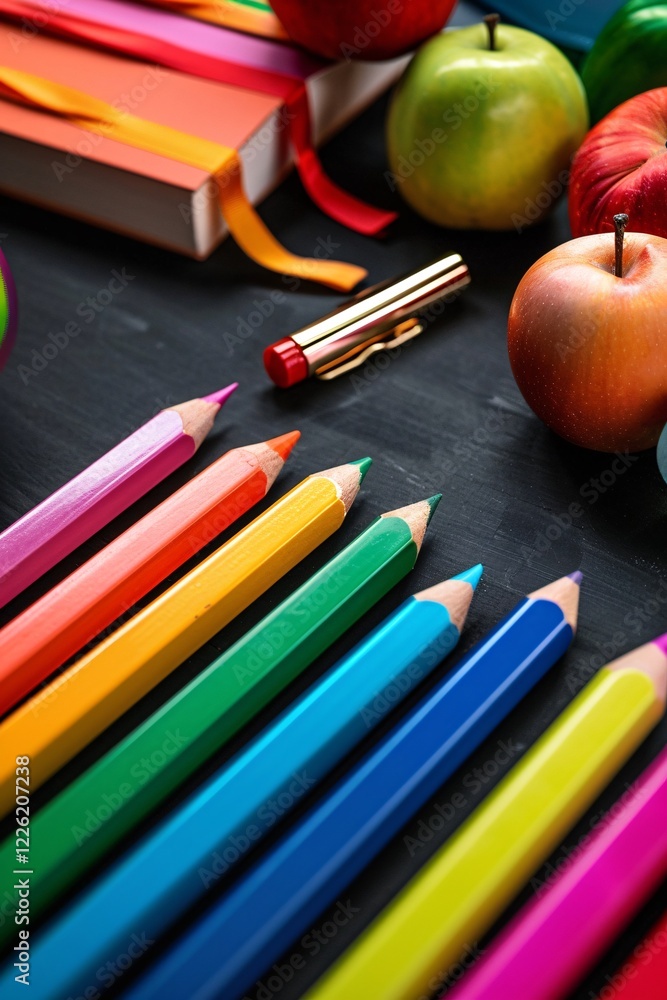 Poster colored pencils arranged on a dark surface with apples and a book for a back-to-school concept