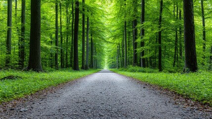 Obraz premium Forest path leading to sunlight, green trees, peaceful nature scene, perfect for travel brochures