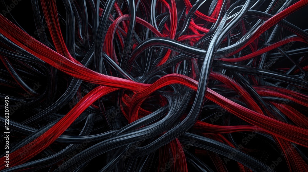 Poster dynamic abstract entangled red and black wires digital art dark environment close-up view technology