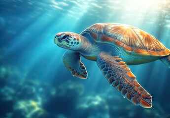 Fototapeta premium Majestic Sea Turtle Gliding Through Clear Ocean Waters with Sunlight Filtering Down and Underwater Scenery in Background
