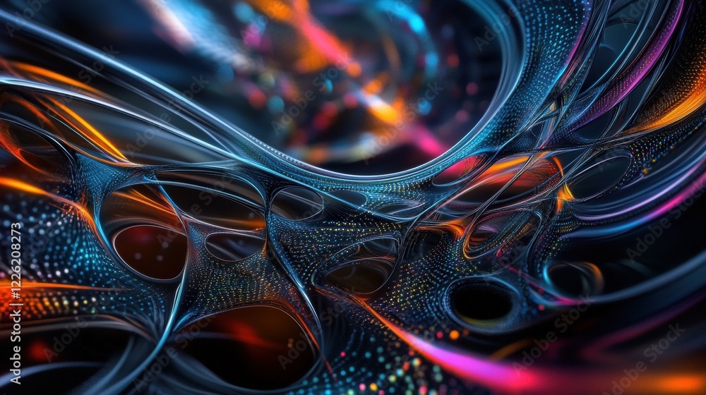 Poster dynamic abstract patterns in 3d space digital art vibrant colors futuristic environment close-up vie