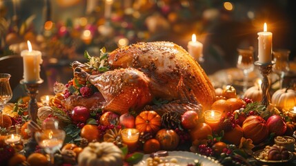 There is a turkey sitting on a table with candles and other decorations, food background