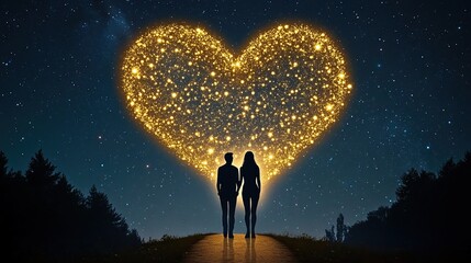 Obraz premium Couple under starry sky, glowing heart formation.