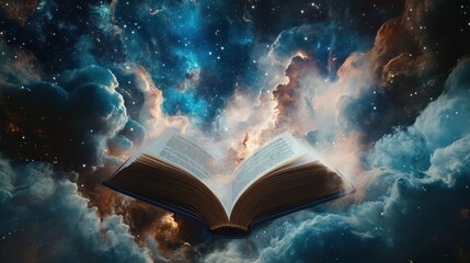 Open book floating in cosmic clouds; nebula background
