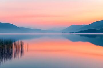 Fototapeta premium Serene Landscape at Dusk Reflecting Tranquil Waters and Mountain Silhouettes, Evoking a Sense of Onward Journey and Peace