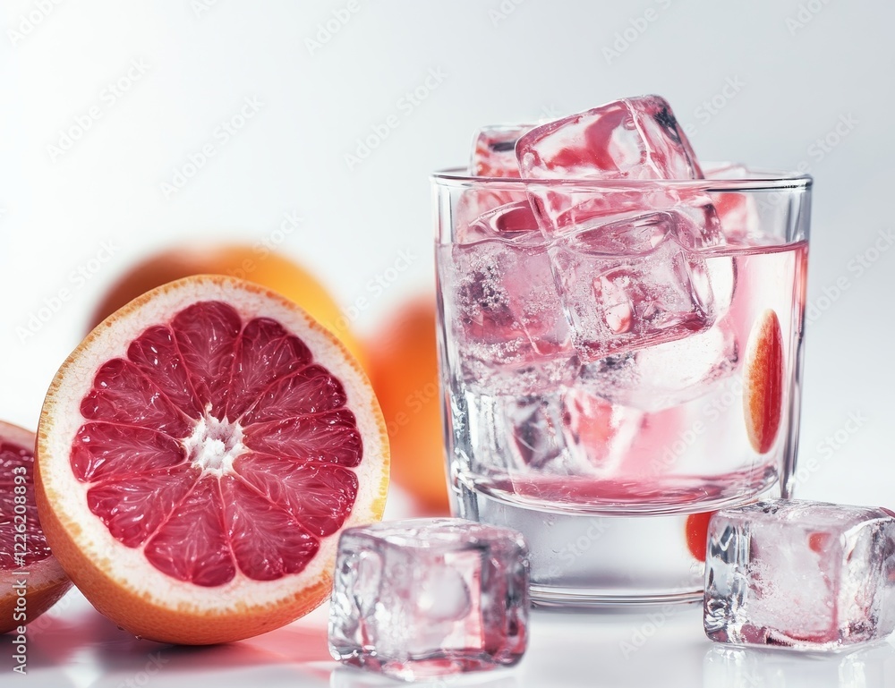 Poster refreshing grapefruit infused water with ice cubes in a glass.