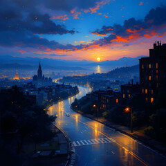 Obraz premium Night Cityscape with Sunset River and City Lights