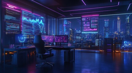 Data analysis action in futuristic office city skyline digital insights nighttime tech savvy environment