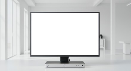 Fototapeta premium Modern minimalist computer monitor with blank screen on office desk in bright workplace