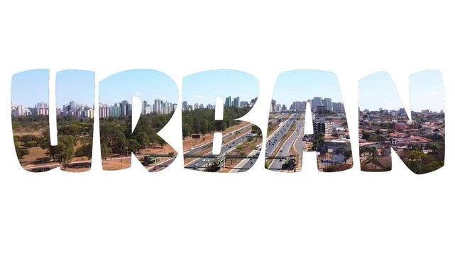 urban. word urban on white background. view of buildings, highway and life in a large metropolis