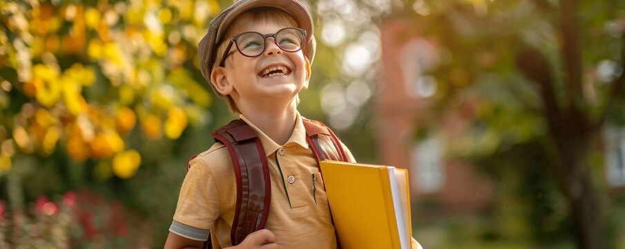 Happy schoolboy with a backpack and book laughing outdoors on a sunny autumn day
