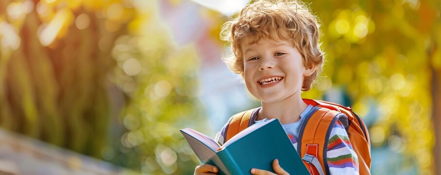 Young schoolboy is smiling outdoors on a sunny day, holding a book and wearing a backpack