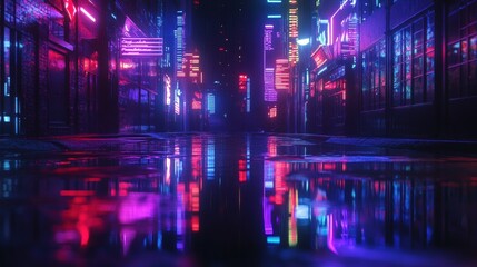 Vibrant neon lights reflected in rainy alley urban cityscape nighttime futuristic low angle view
