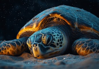 Majestic Sea Turtle Resting on Sand Under Gentle Ocean Light Surrounded by Sparkling Water Droplets at Dawn