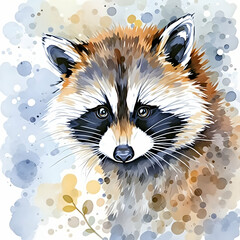 Watercolor Portrait of a Raccoon with a Soft Background