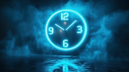 Glowing neon clock in smoky dark setting.