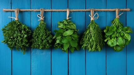 Fresh herbs hanging on a rope against a blue wooden background for culinary use.
