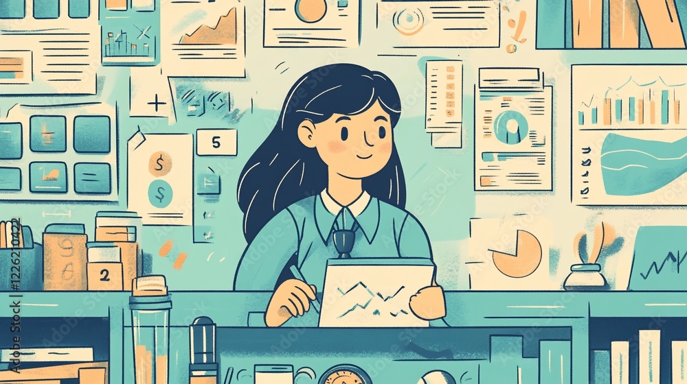 Poster illustration of a person surrounded by charts and graphs in a workspace, analyzing data with a pen