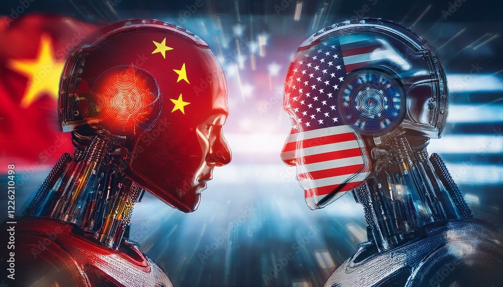 Poster two robots facing each other, one with a us flag and the other with a chinese flag on their faces. t