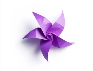 Purple origami pinwheel on white background.
