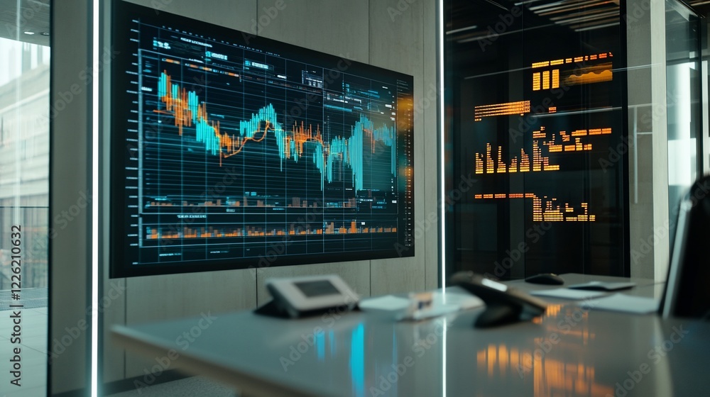 Poster financial data displayed on screens in a modern office setting with a table