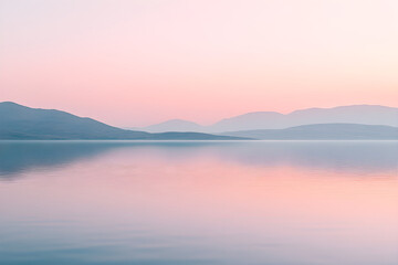 Fototapeta premium Serene Landscape at Dusk Reflecting Tranquil Waters and Mountain Silhouettes, Evoking a Sense of Onward Journey and Peace