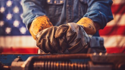 Construction worker pausing with an american flag in the background