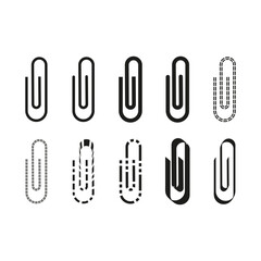 Paperclip icon set. Office stationery shapes. Modern clip symbols. Black vector design.