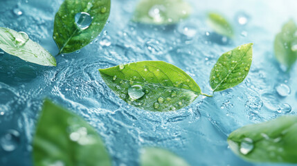 Fresh green leaves floating on water, glistening with droplets, create serene and tranquil atmosphere. interplay of light and water enhances natural beauty
