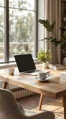 Fototapeta premium Modern home office with laptop and coffee on wooden desk in bright natural light