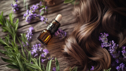 Fototapeta premium Natural hair oil with lavender and herbs, promoting relaxation and nourishment for healthy hair. Perfect for self care routines and enhancing hair vitality