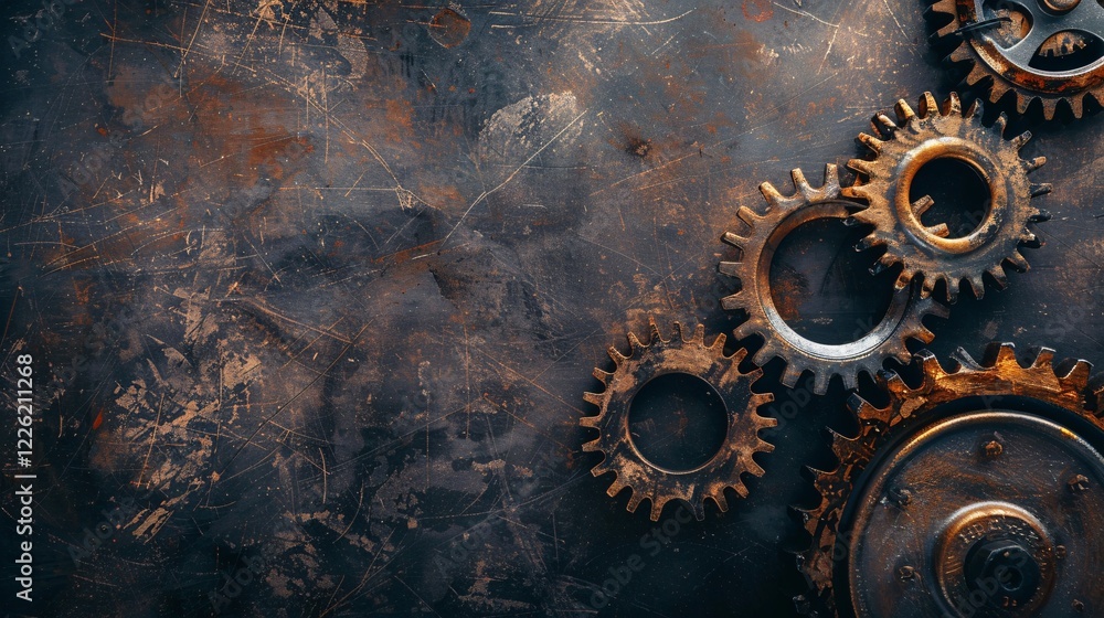 Aufkleber various rusty gears forming a border on the right side of a grunge metal background with copy space