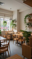 Cozy modern cafe interior with wooden furniture and abundant green plants