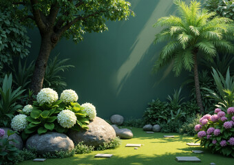 Tranquil natural garden with lush greenery, blooming hydrangeas, and stone pathway in sunlight