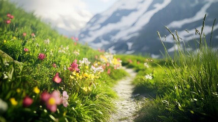Obraz premium 14.A captivating image of the Tour du Mont Blanc trail, a narrow path winding through an expansive meadow, leading toward the towering snow-covered Mont Blanc massif. The lush green grass is dotted