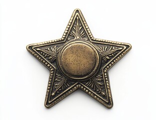 Antique bronze star-shaped medal with ornate detailing and blank center, isolated on white.
