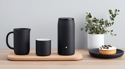 Sleek Black Drinkware Set on Wooden Board with Plant and Pastry