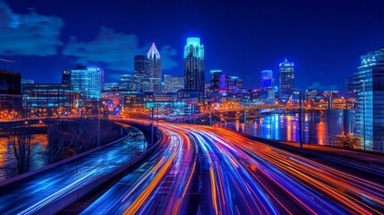 Fototapeta premium 16.A vibrant night view of Cincinnatiâ€™s downtown skyline, with tall skyscrapers illuminated against the deep blue night sky. The Great American Tower stands prominently, glowing brightly amidst the