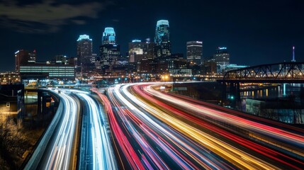Fototapeta premium 17.A dynamic nighttime scene of downtown Cincinnati, where modern skyscrapers rise high into the night sky, their windows illuminated with bright lights. The cityâ€™s iconic bridges cross the river,